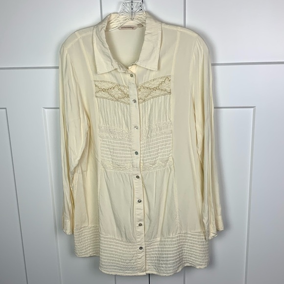 Soft Surroundings MEDIUM Ivory Tunic Blouse Button Front Lace Embroidered Fairy - Picture 1 of 8